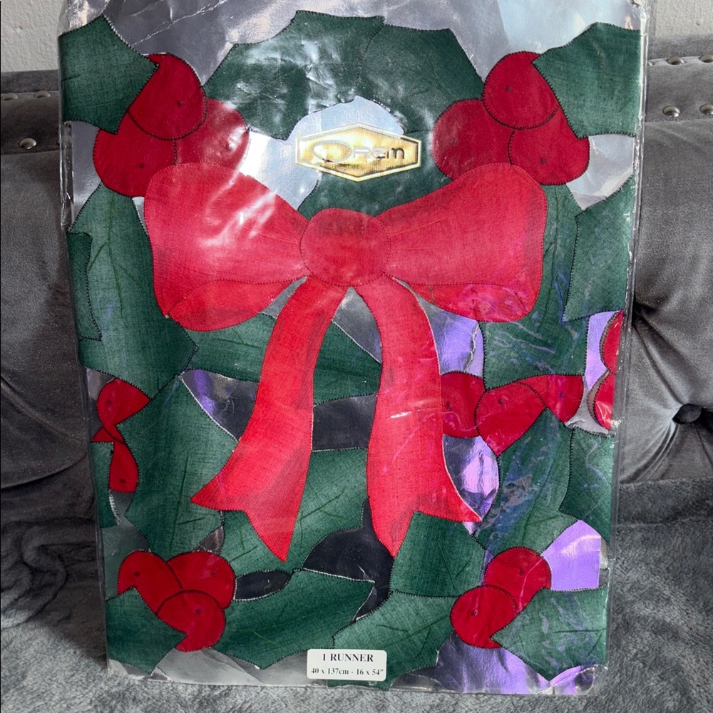 Holiday Table Runner with Red Bow and Holly
